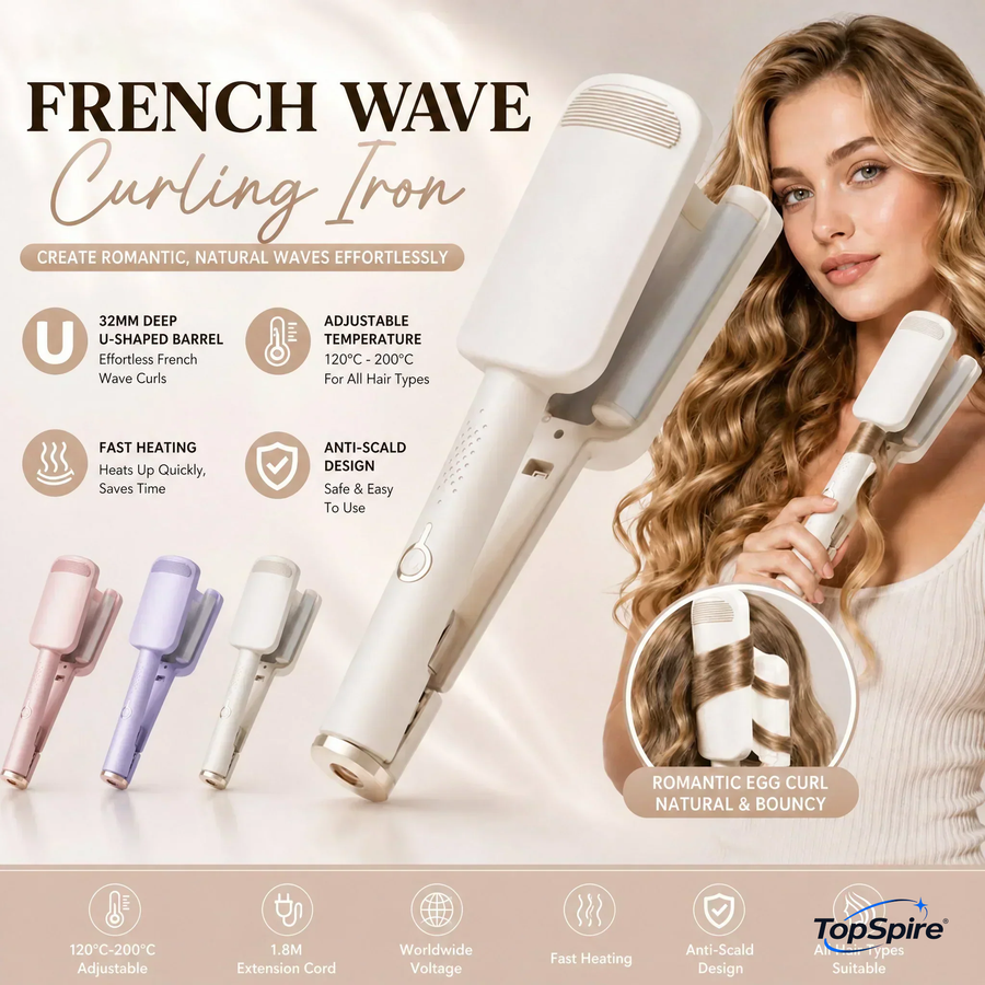 TopSpire® 💇♀️French Wave Curling Iron, Fast Heating Adjustable Temperature