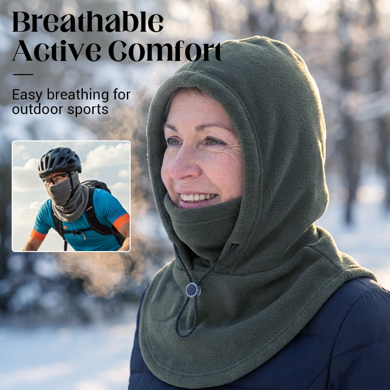Green fleece balaclava worn outdoors