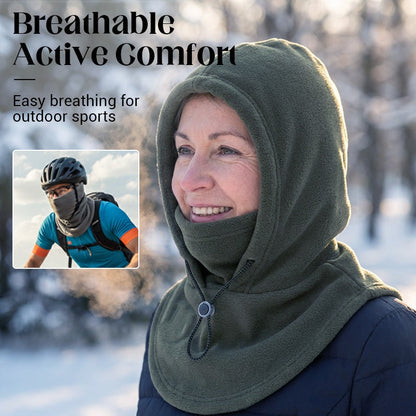 Green fleece balaclava worn outdoors