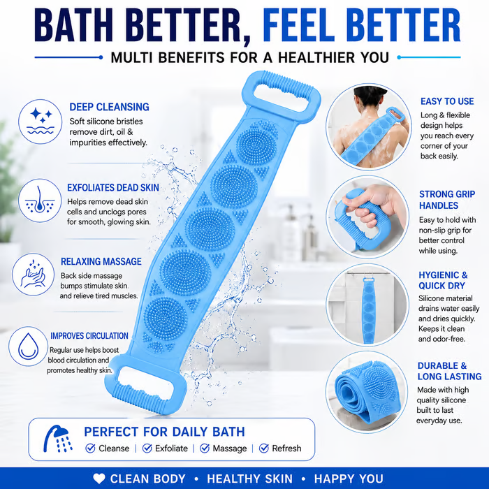 🔥Limited Time 49% OFF🚿 Dual Handle Silicone Back Scrub Strap | Deep Exfoliating Shower Brush